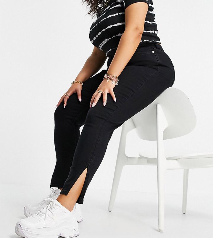 New Look Curve Split Hem Highrise Skiny Jean In Black