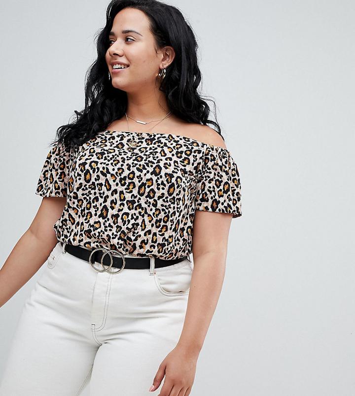 New Look Curve Leopard Print Bardot Top - Black