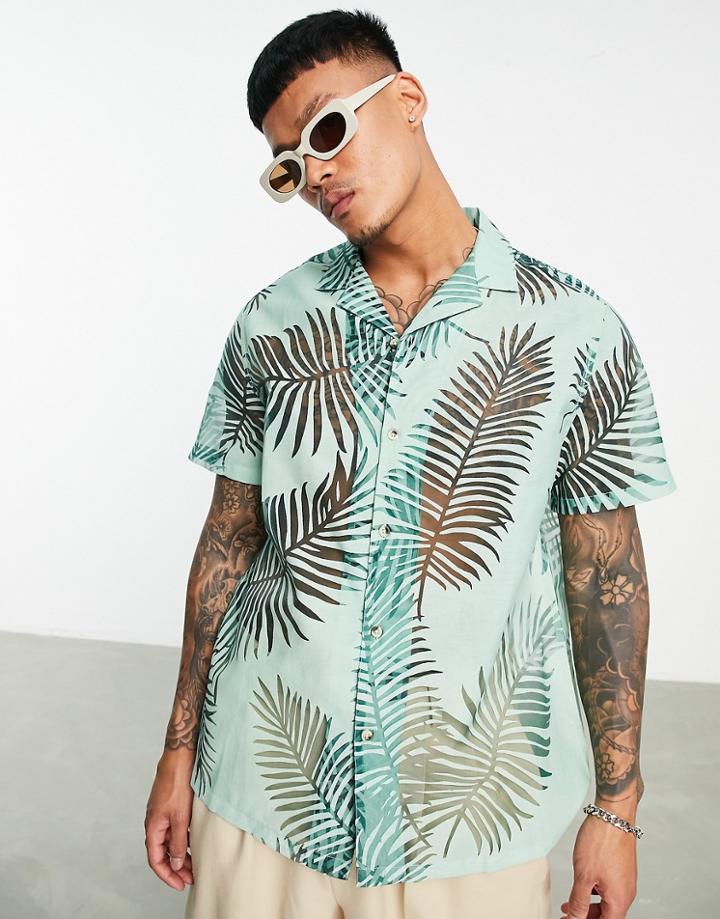 Asos Design Relaxed Shirt In Palm Burnout Print In Green