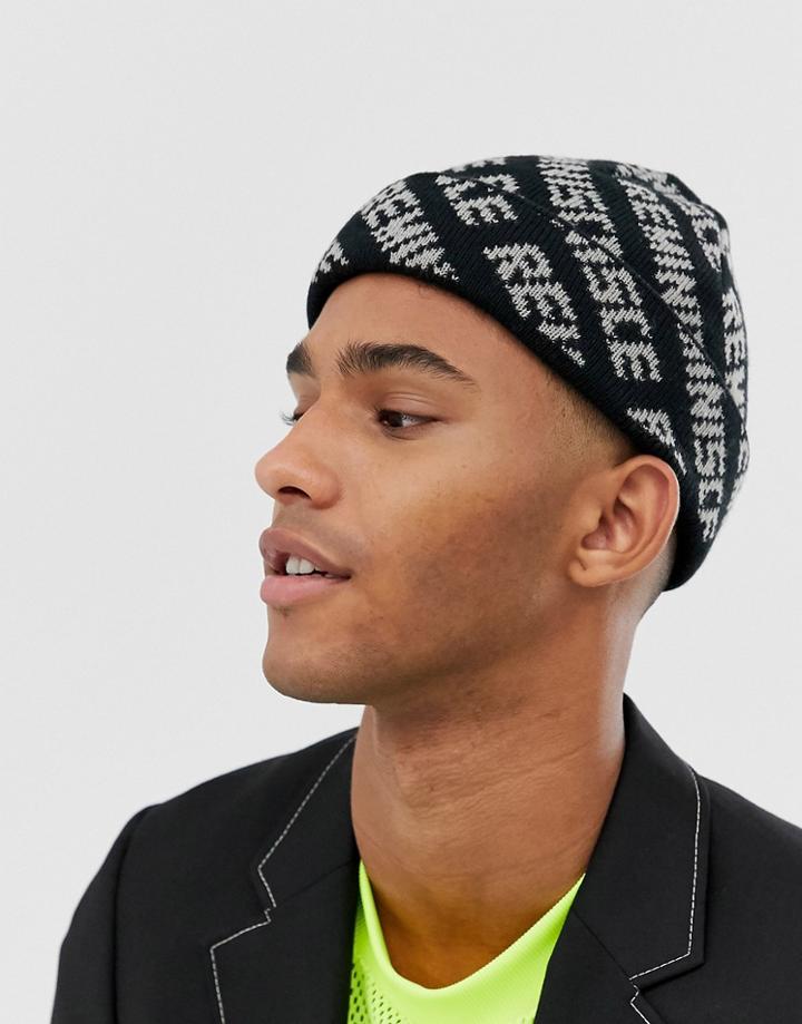 Asos Design Fisherman Beanie With Repeat Word Print