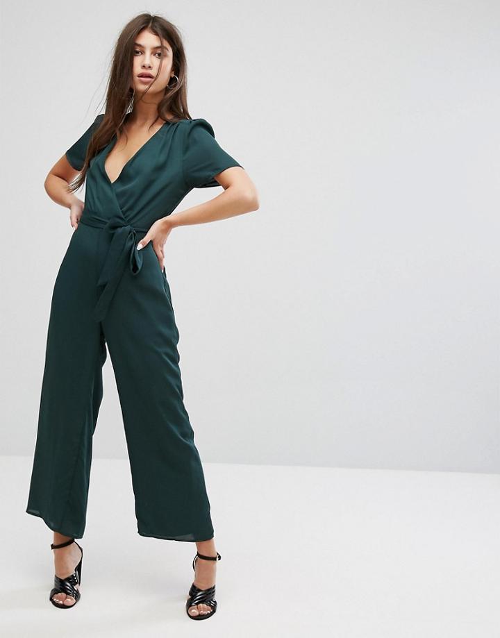 Fashion Union Wrap Front Jumpsuit With Tie Waist - Green