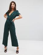 Fashion Union Wrap Front Jumpsuit With Tie Waist - Green