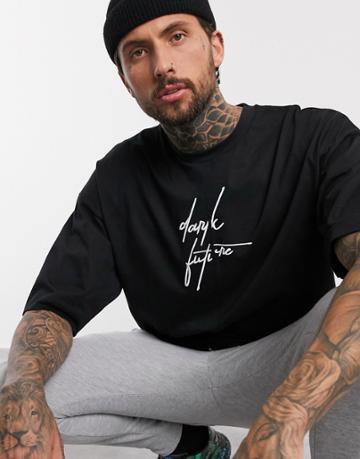 Asos Design X Dark Future Oversized Longline Heavyweight T-shirt With Splice Dark Future Logo-black