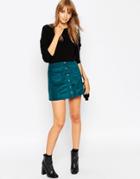 Asos Cord Angled Pocket Button Through A-line Skirt - Turquoise