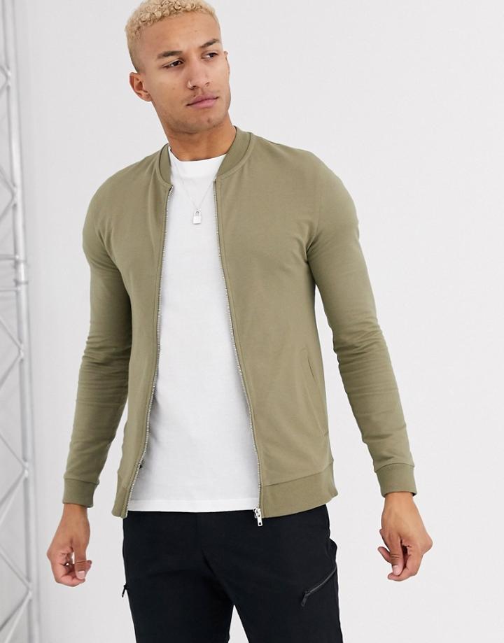 Asos Design Muscle Jersey Bomber Jacket In Light Khaki-green