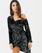 Lavish Alice Sequin Velvet Off Shoulder Asymmetric Mini Dress - Black