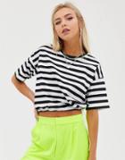 Asos Design Cropped T-shirt In Stripe With Neon Toggle And Contrast Stitching-black