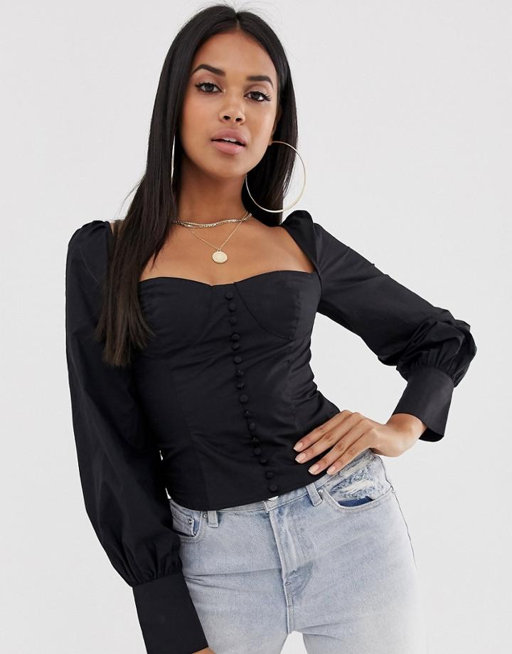 Club L London Square Neck Button Through Shirt With Balloon Sleeves In Black - Black
