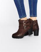 Ravel Buckle Strap Chunky Heeled Leather Ankle Boots - Brown