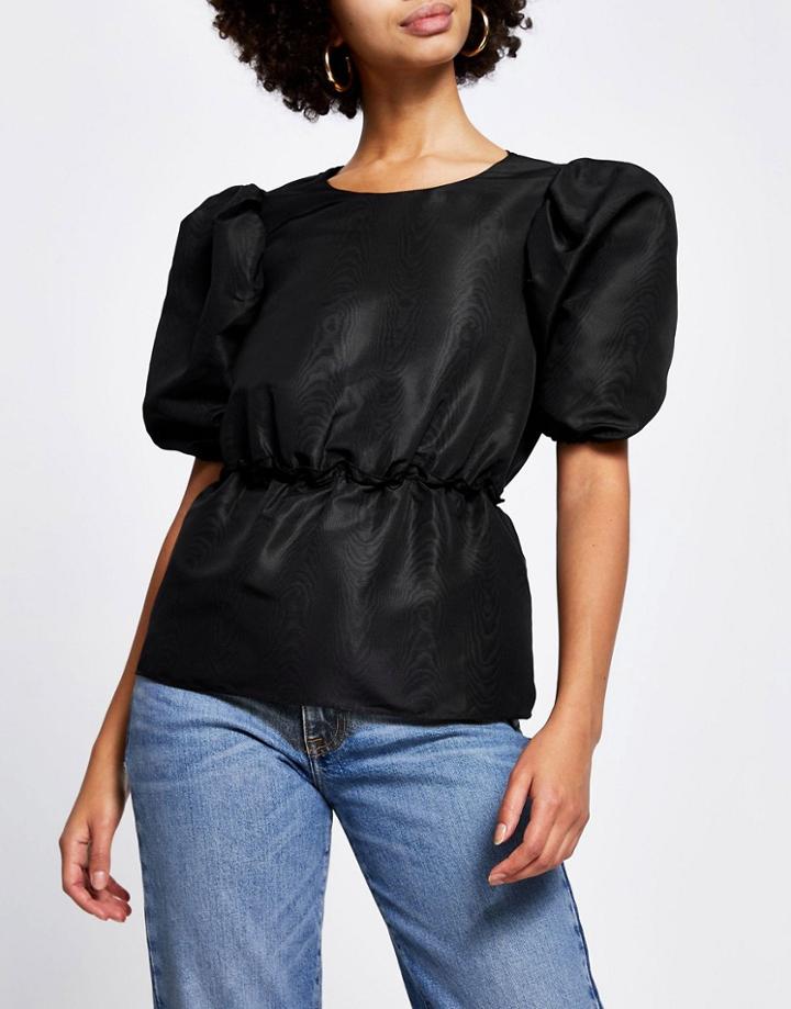 River Island Taffeta Puff Sleeve Top In Black