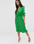 Prettylittlething Pleated Midi Dress With Frill Trims In Green - Green