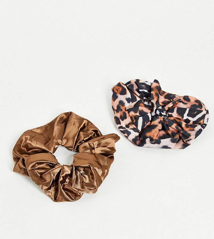 The Flat Lay Co. X Asos Exclusive Scrunchie Set - Warped Leopard Print And Brown Silk-multi