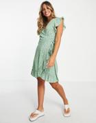 Vila Mini Wrap Dress With Frill Detail In Green Floral Print