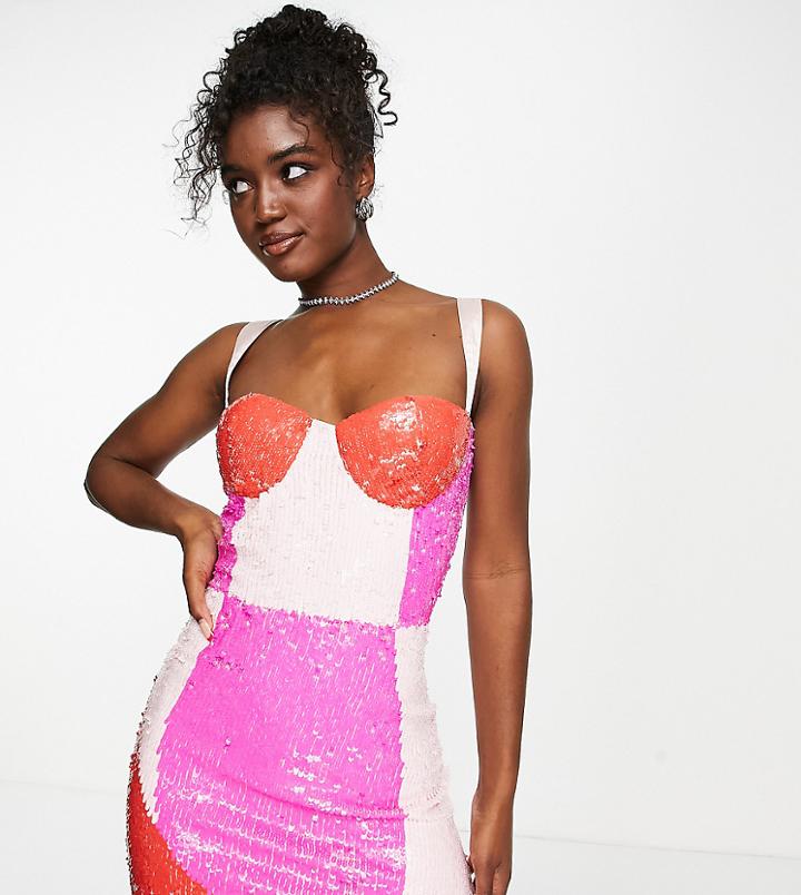 Lace & Beads Exclusive Contrast Sequin Mini Dress In Color Block-pink