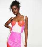 Lace & Beads Exclusive Contrast Sequin Mini Dress In Color Block-pink
