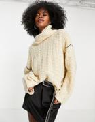 Topshop Knit Crosshatch Stitch Roll Neck Sweater In Cream-white