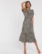 Asos Design Midi Tea Dress In Leopard Print - Multi