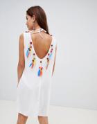 Anmol Low Back Beach Caftan With Faux Feather And Pom Trim - White