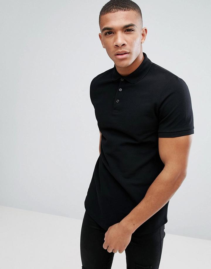 Asos Pique Polo With Curve Hem - Black