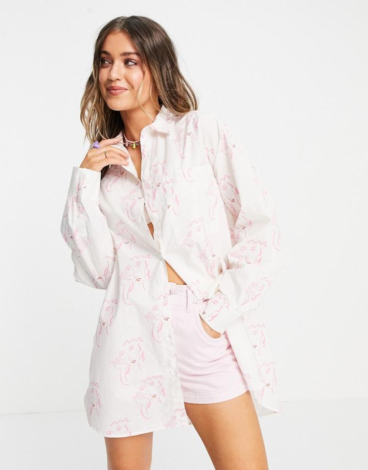 Monki Lindy Face Print Oversized Shirt In White