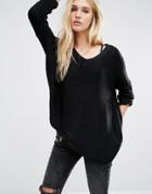 Noisy May Deep V-neck Oversize Knit Sweater - Black