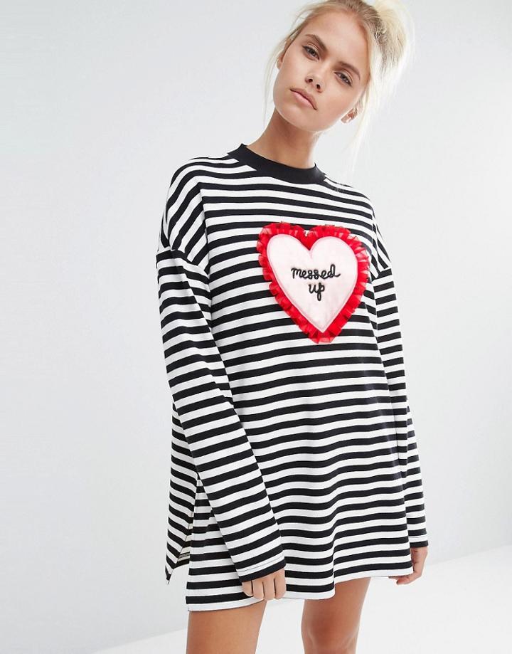 Lazy Oaf Side Split Sweat Top With Mess Heart In Stripe - Black