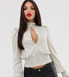 Asos Design Tall Keyhole Top In Slinky With Shirred Cuff And Tie Back - Beige