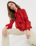 New Look Tie Neck Blouse In Red Floral