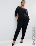 Asos Curve Lace Bardot Wrap Jumpsuit With Elbow Sleeve - Black