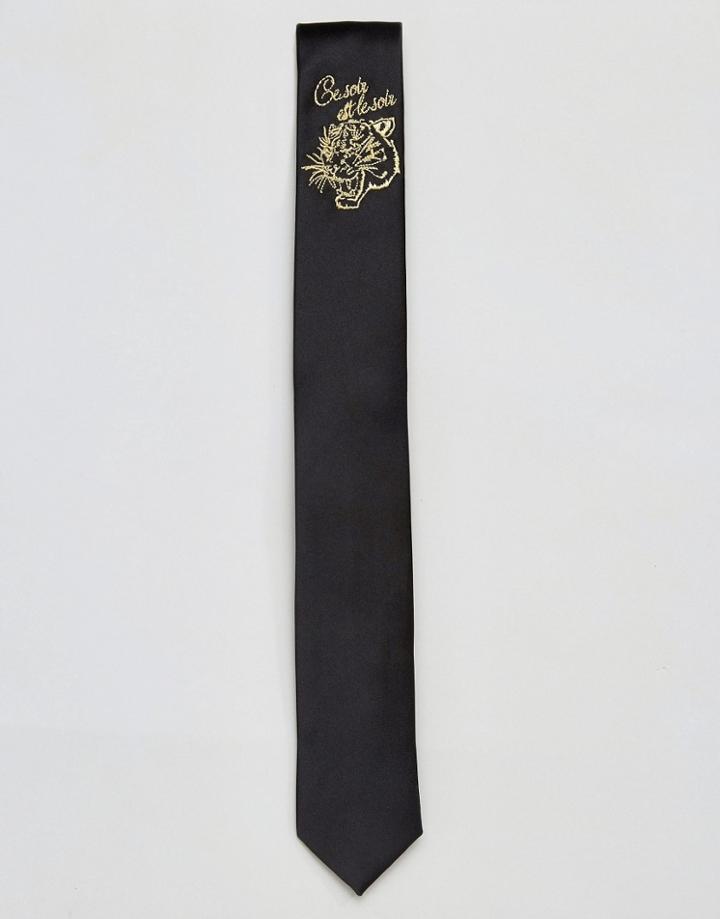 Asos Slim Tie With Tiger Embroidery - Black