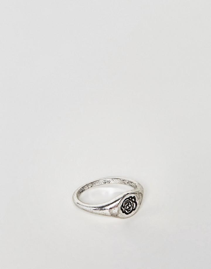 Asos Ditsy Signet Ring In Burnished Silver With Rose Design - Silver