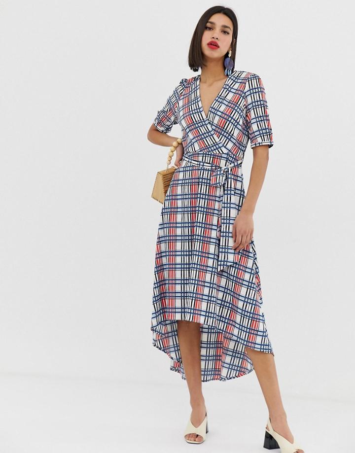 Vero Moda Textured Check Wrap Dress With Volume Sleeve - White