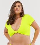 South Beach Curve Exclusive Ribbed Knot Tank Bikini Top In Neon Yellow - Yellow