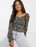 New Look Square Neck Button Front Blouse In Black Floral Pattern