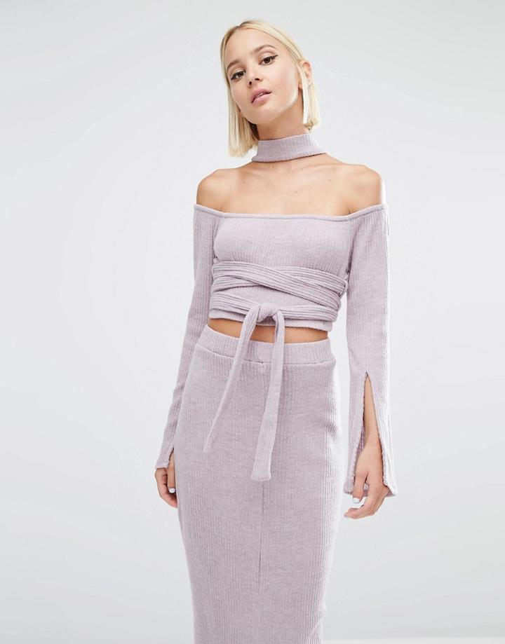 Lavish Alice Rib Knit High Neck Wrap Around Belt Crop Top - Pink