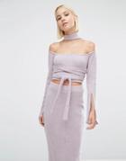 Lavish Alice Rib Knit High Neck Wrap Around Belt Crop Top - Pink