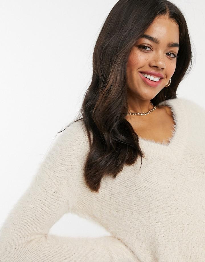Brave Soul Fox Fluffy V-neck Sweater In Pink