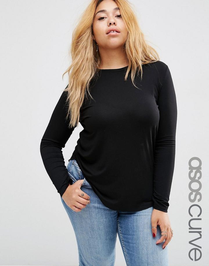 Asos Curve Long Sleeve Top With Skinny Crew Neck - Black