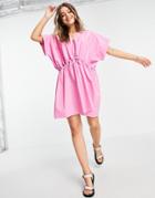 Asos Design Cotton Mini Smock Dress With Gathered Waist In Pink