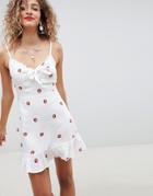 Asos Design Tie Front Mini Sundress In Strawberry Print - Multi