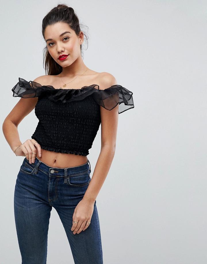 Asos Shirred Ruffle Bandeau Top - Black