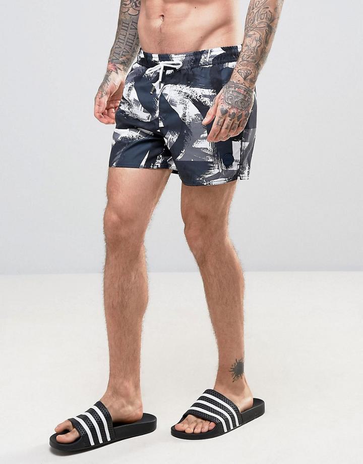 Native Youth Swim Shorts Paint Brush Mono Print - Black