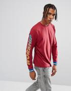 Asos Relaxed Long Sleeve T-shirt With Retro Sleeve Print - Red
