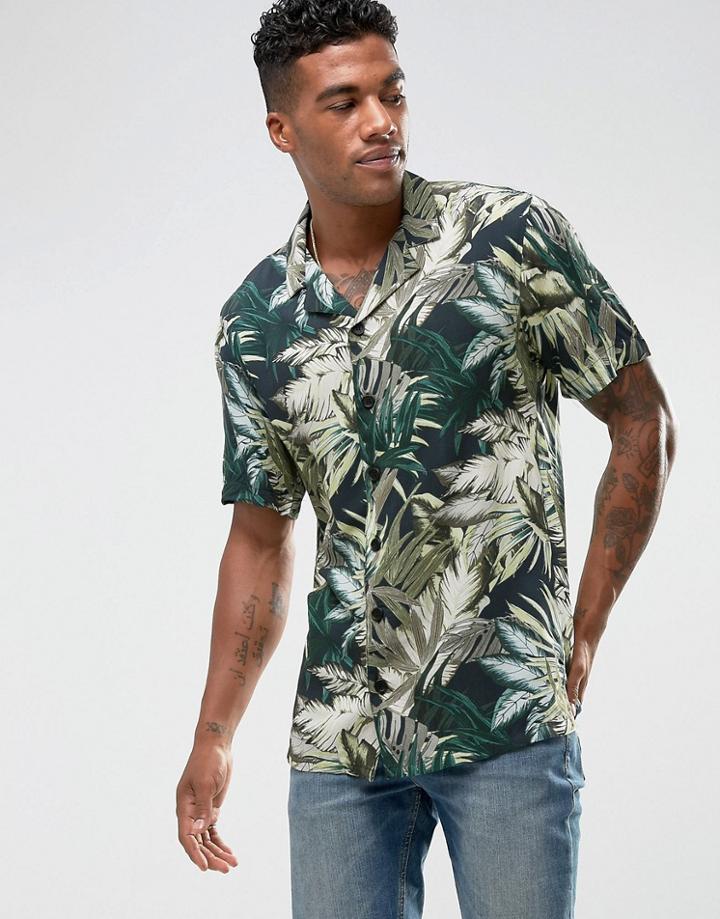Pull & Bear Revere Shirt With Palm Print In Green - Black