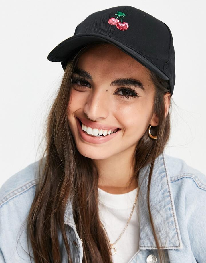 Asos Design Baseball Cap With Cherry Design In Black