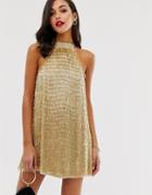Asos Design High Neck Mini Dress In Gold Tassle Embellishment - Gold
