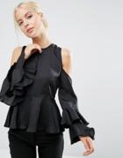 Asos Satin Top With Cold Shoulder & Ruffle Sleeve - Black