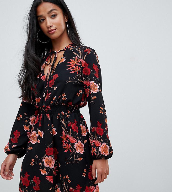 Miss Selfridge Petite Tea Dress With Blouson Sleeves In Floral Print - Black