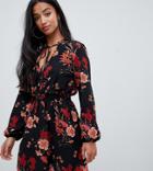 Miss Selfridge Petite Tea Dress With Blouson Sleeves In Floral Print - Black