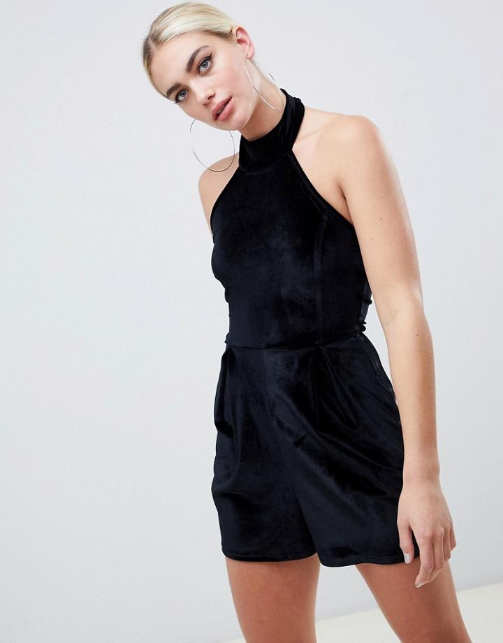 Asos Design Halter Romper In Velvet - Black